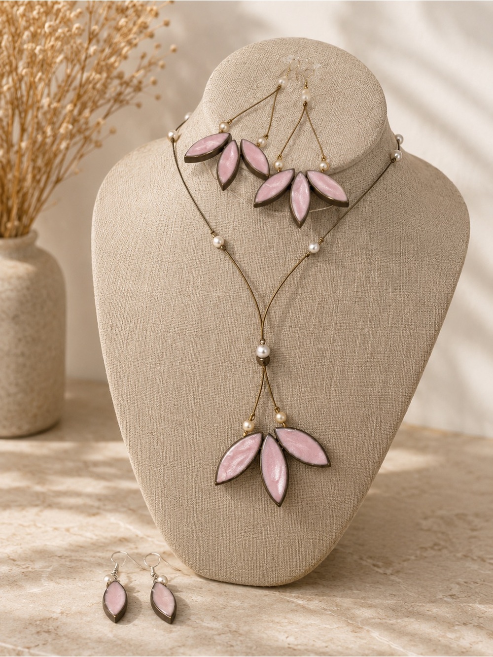 Delicate Pink & Gold ARTISAN Beads & Genuine Pearl Set Necklace Earrings & Ring